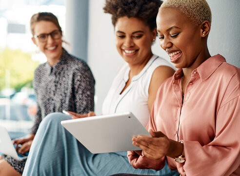Talking, waiting room and business women on tablet for funny interview joke in startup. Group, candidate and queue for hiring, recruitment or laughing at meme for job search opportunity on technology
