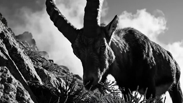 Black and white close-up of a wild ibex eating plants on a rocky hillside with a cloudy sky backdrop