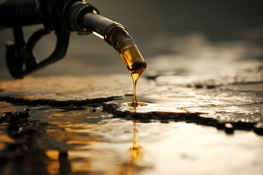 Oil supply, energy security and Middle East geopolitics. Close up fuel nozzle dripping crude oil across a middle east map