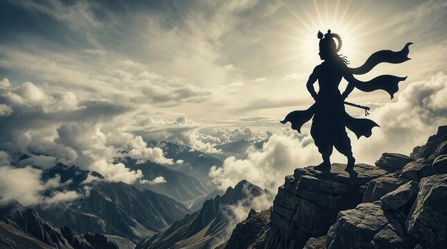 Lord Krishna silhouette standing on a mountain peak above clouds with glowing sunlight