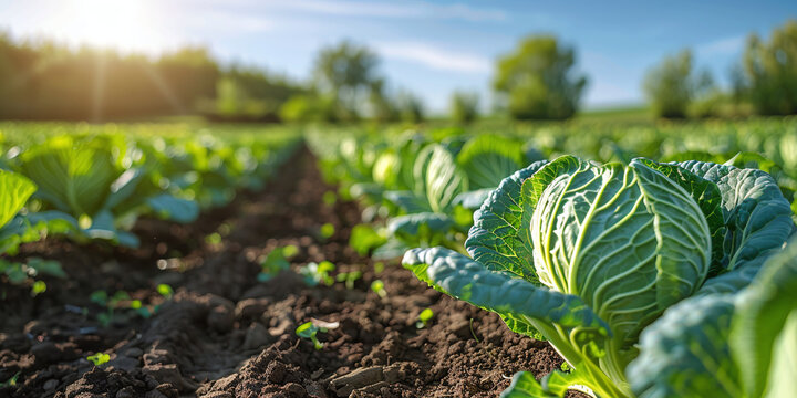 Rows of young cabbage growing on a farm on a sunny day brassica oleracea agricultural field landscape with lush green plants planted in rich soil ready for harvest in spring season rural scenery view