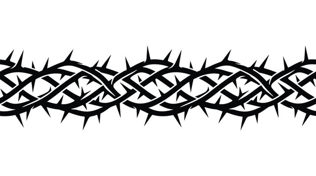 Black barbed wire crown vine border design featuring sharp thorny stems on clean white background