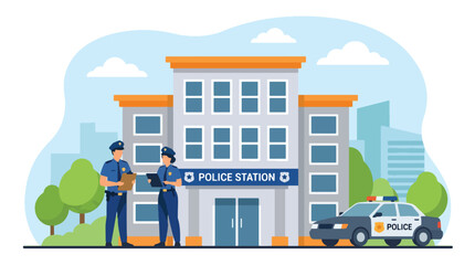Flat style vector illustration of two police officers discussing work outside a police station with a patrol car, perfect for law enforcement, security, and public safety © Lamin