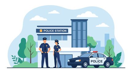 Flat style vector illustration of two police officers discussing work outside a police station with a patrol car, perfect for law enforcement, security, and public safety © Lamin