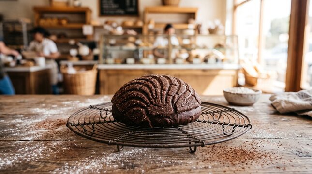 A rich dark chocolate concha sweet bread resting on a vintage wire rack on a flour-dusted wood surface, Intricate dark cocoa sugar seashell pattern glistening under soft warm sunlight. 