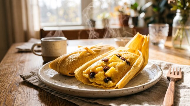 A rich pair of golden corn husk tamales filled with sweet pineapple on a ceramic plate, Warm steamed masa studded with pineapple chunks and raisins, with gentle steam rising from the open husk. 