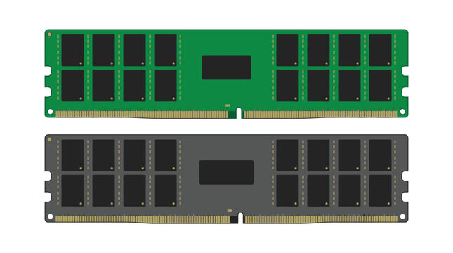 Green and grey computer memory modules shown side by side against a clean white isolated background