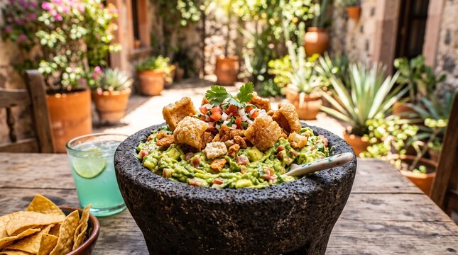 A rich molcajete filled with chunky guacamole topped with crispy pork chicharron chunks, Creamy avocado dip garnished with pico de gallo and crunchy chicharron pieces ready for dipping. 