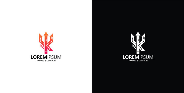 Abstract lettermark logo design featuring a stylized trident with a crown-like initial, representing power and elegance, suitable for diverse branding applications