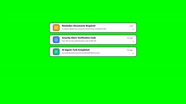 push notifications with reminder security alert and ai task updates on green screen for digital interface editing