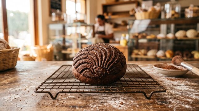 A rich dark chocolate concha sweet bread resting on a vintage wire rack on a flour-dusted wood surface, Intricate dark cocoa sugar seashell pattern glistening under soft warm sunlight. 