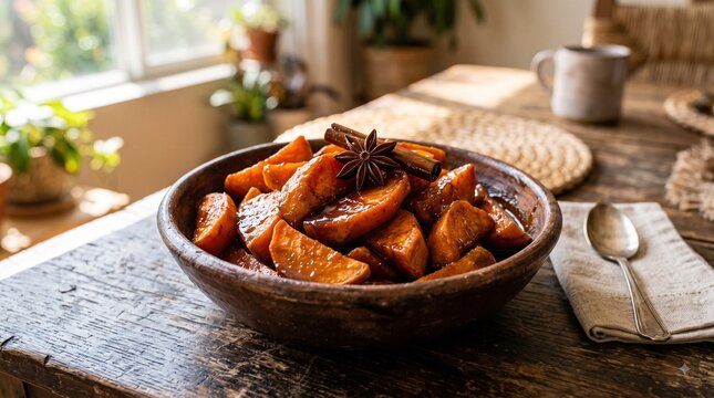 A rich serving of candied sweet potato (Camote en Dulce) in an earthenware bowl on a dark wood surface, Tender orange sweet potato wedges coated in a dark, glossy piloncillo-cinnamon syrup with a star