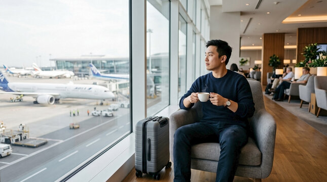 Man in airport departure lounge. Asian traveler relaxes, sips coffee, watches planes. Comfortable man airport lounge setting, carry on bag nearby. Premium man airport lounge experience