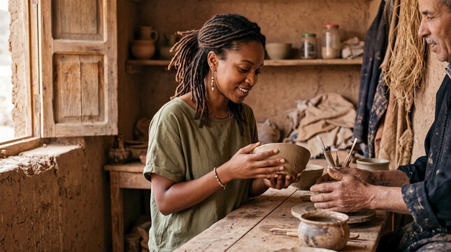 Observing an artisan demonstration, young woman genuinely interested in pottery making process. This hands on artisan demonstration showcases traditional craftsmanship and skill development.