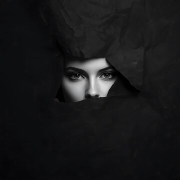 Mysterious woman face hidden in dark shadows