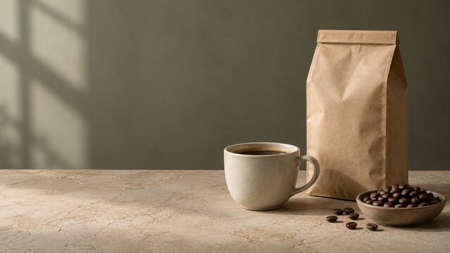 Blank brown paper coffee bag and mug filled with hot dark beverage sitting beside a small bowl of freshly roasted beans on a textured stone table illuminated by warm morning sunlight