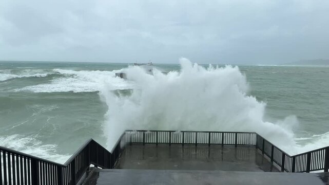 Massive Storm Wave Crashes Over City Waterfront As Hurricane Nears