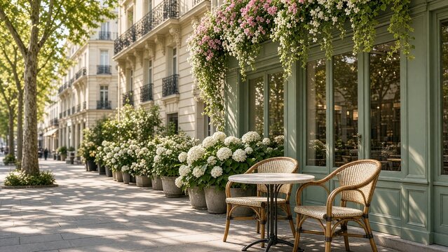 Charming Parisian Cafe Terrace with Lush Flower Boxes on a Sunny Tree Lined Street