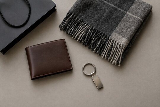 Brown leather bifold wallet and metal keychain arranged elegantly with a folded grey plaid scarf and a black paper shopping bag for a stylish men's accessory flat lay