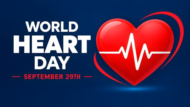 Emblem of World Heart Day with image of red heart on dark background. Medical sign on 29th of September. Vector illustration.