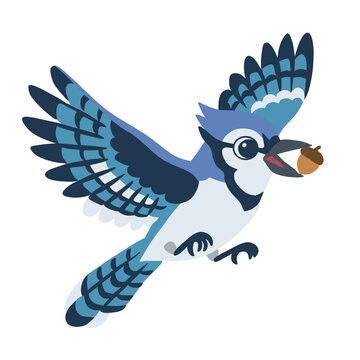 Flying Blue Jay Bird Carrying Acorn Illustration