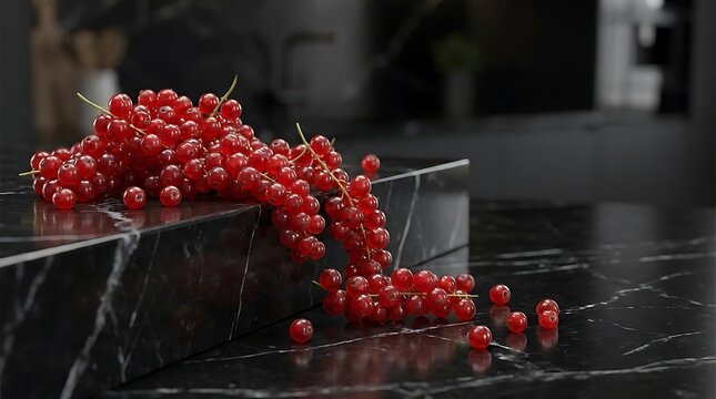 Fresh red currants spill across polished black marble surface.