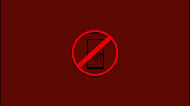 Prohibition sign animation crosses out a smartphone and Wi-Fi mark. Wireless internet restriction warnings flash on the prohibition sign. Offline airplane mode status triggers this prohibition sign.
