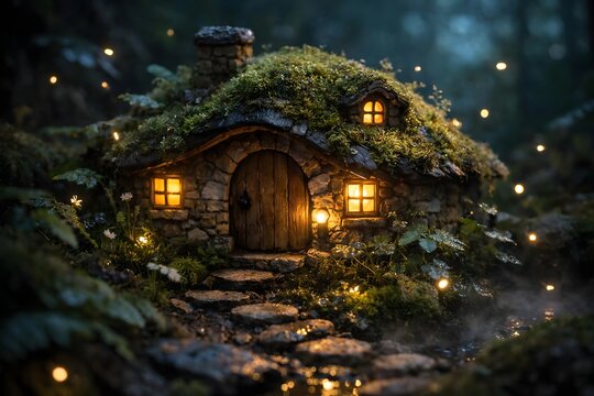 Glowing Fairy Cottage at Night Surrounded by Fireflies