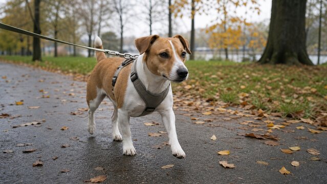 Brown and white Jack Russell Terrier dog walking on a leash along a wet paved path in an autumn park with fallen leaves