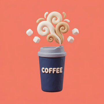 A stylized 3D clay render of a blue coffee cup with steam swirls and sugar cubes on a coral background.