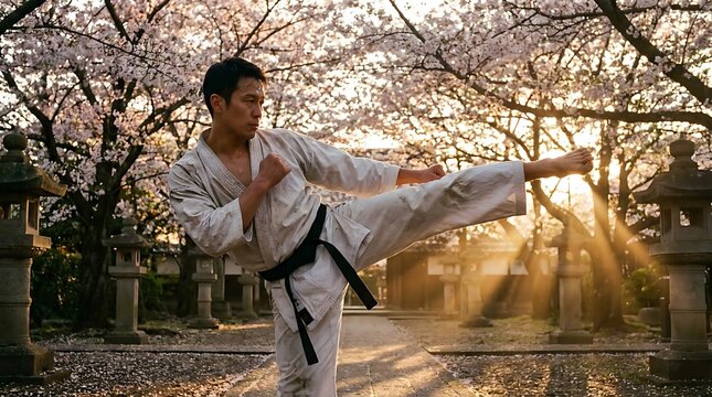 Martial artist performing karate kick under cherry blossoms.