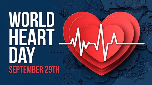 Emblem of World Heart Day with image of red heart on dark background. Medical sign on 29th of September. Vector illustration.