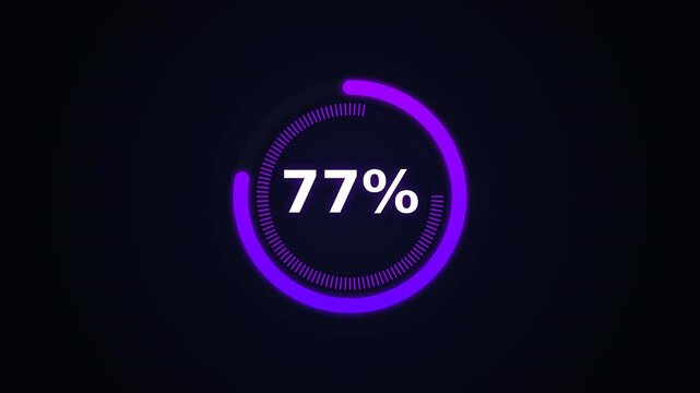 Glowing digital loading indicator with purple neon ring showing seventy-seven percent, representing system data processing, ideal for tech interface design and software installation screens.