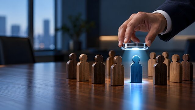 Hand selecting a unique blue figurine from a group of wooden figures on a polished wooden table symbolizing recruitment or differentiation
