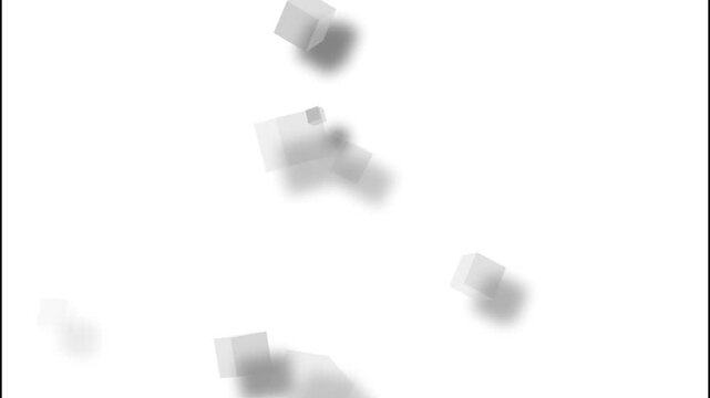 White 3D cubes animation scatters across a clean minimalist plane. Soft geometric drop shadows shift beneath these scattered 3D cubes. Modern architectural visual art animates the white 3D cubes.