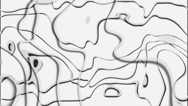 Abstract white lines animation flows with gentle soft gray shadows. Smooth liquid fluid ribbons move gracefully in these white lines. Elegant minimalist ambient motion animates the white lines.