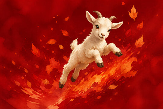 Playful goat jumping through leaves on vibrant red background. The lively goat leaps energetically, surrounded by floating autumn leaves creating a whimsical autumn scene.