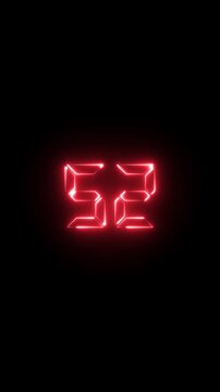 Glowing red digital number 52 neon countdown timer on black background