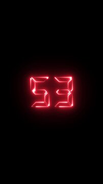 Glowing red digital number 53 neon countdown timer on black background, fifty-three