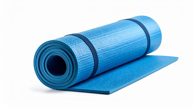 Blue yoga mat rolled up isolated on white background