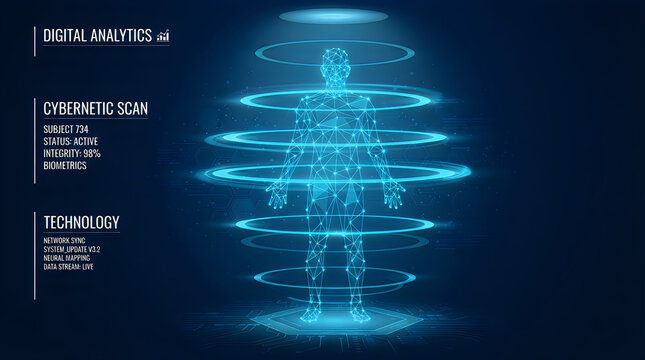 Human wireframe silhouette with digital interface performing analysis in futuristic technology environment with copy space