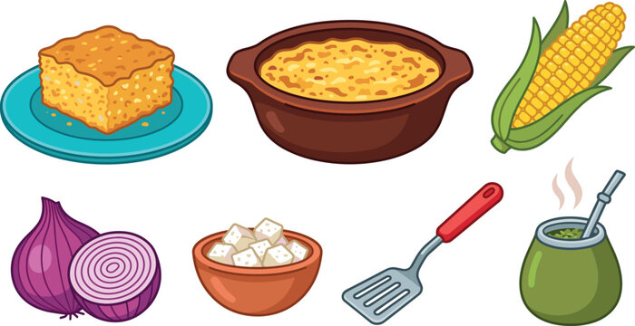 Traditional Paraguayan Food Vector Icon Set with Sopa Paraguaya, Chipa Guazu Corn Cake, Fresh Maize, Onion, Cheese Cubes, Spatula, and Yerba Mate