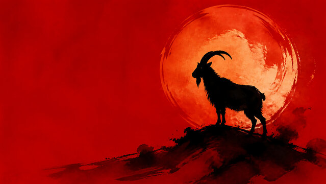 Majestic goat silhouette against vibrant red moon backdrop. Goat stands proudly on rocky terrain, framed by warm, glowing moonlight.