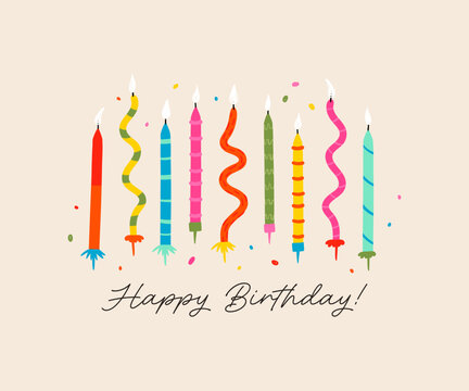 Lovely hand drawn fun and colorful birthday candles, confetti and text, universal artistic template