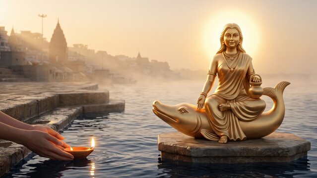 Ganga Maa Idol &ndash; Morning Floating Diya Offering at River Ghat.