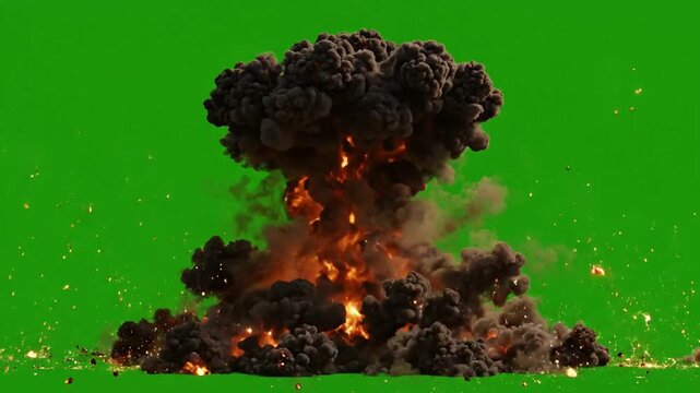 Massive fireball explosion with green screen background, realistic pyrotechnic blast effect for visual effects and compositing