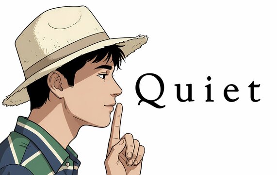 Hush vintage illustration Asian young man lady Side-view blue green quiet shush education peace tranquil white background  finger to lips 