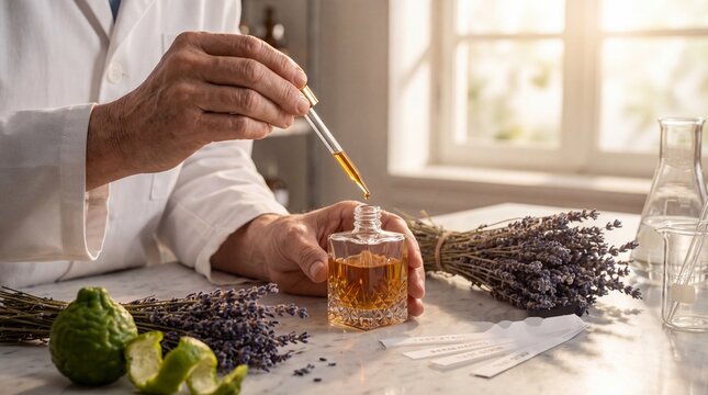 Perfumer creating natural fragrance using pipette dropper to fill glass bottle with essential oil surrounded by lavender and bergamot