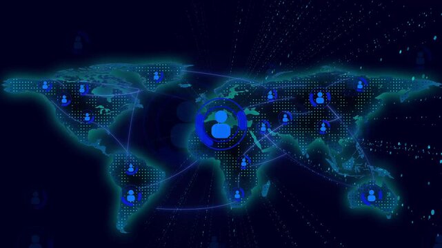 Digital world map animation connects user profile icons on blue. Global community networking pathways link across this world map. Worldwide telecommunication data routes over the world map.