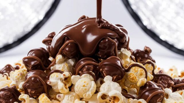 Delicious melted chocolate pouring over a pile of popcorn treats with a bright background in a food closeup